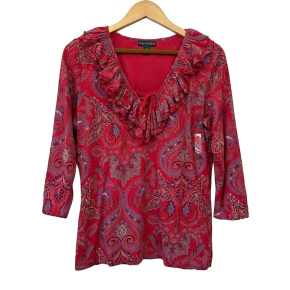 Lauren Ralph Women's 3/4 Sleeve Paisley Ruffled V-Neck Blouse Top in Red Size XL - Picture 1 of 4